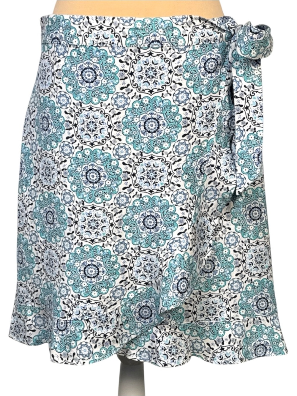NWT LOFT Floral Medallion Wrap Skirt Sz 8 Blue Teal White Ruffle Hem Linen Blend